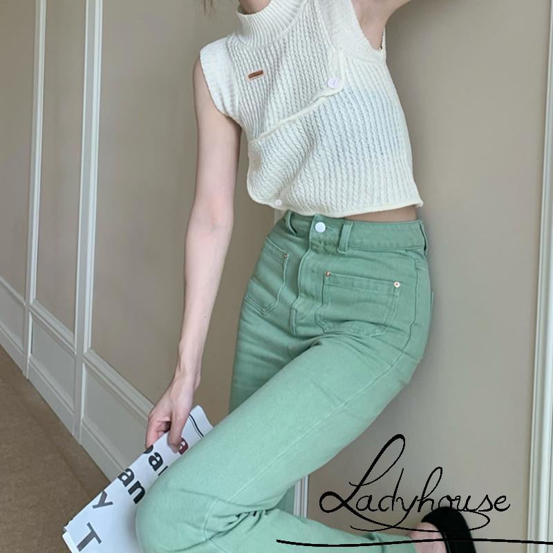 Áo Croptop Dệt Kim Không Tay Cổ Cao Phối Nút Thời Trang Mùa Hè Cho Nữ