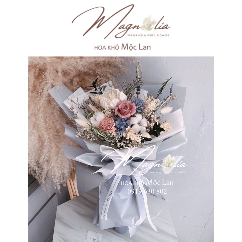 Bó Hoa Hồng Khô vĩnh cửu tông xanh xám nâu hồng vintage