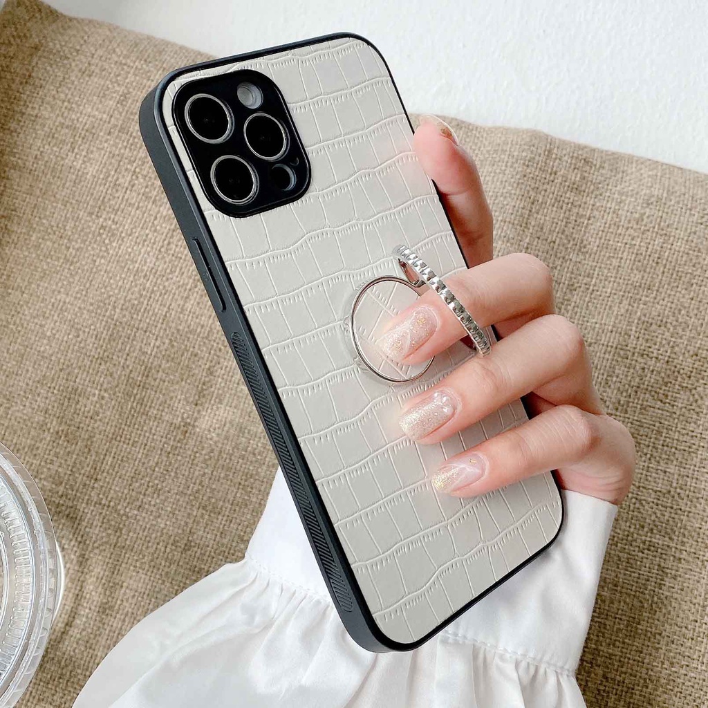 Ốp Điện Thoại Vân Da Cá Sấu Màu Xanh Lá / Đen Gắn Nhẫn Đỡ Cho iPhone 13promax 12 11 xsmax xr xs 7P
