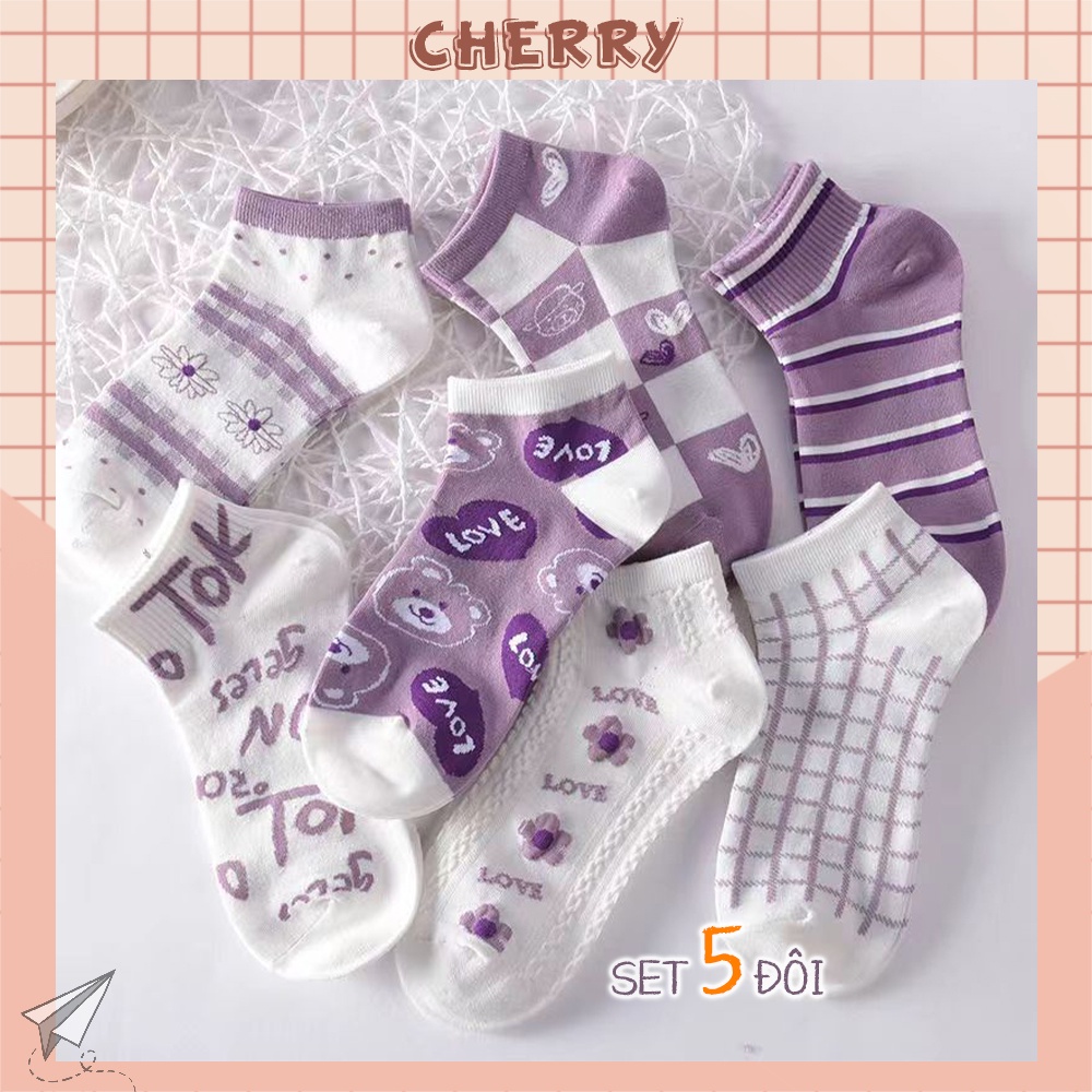 Tất cổ ngắn họa tiết dễ thương, set 5 đôi tất vớ - Cherry Shop
