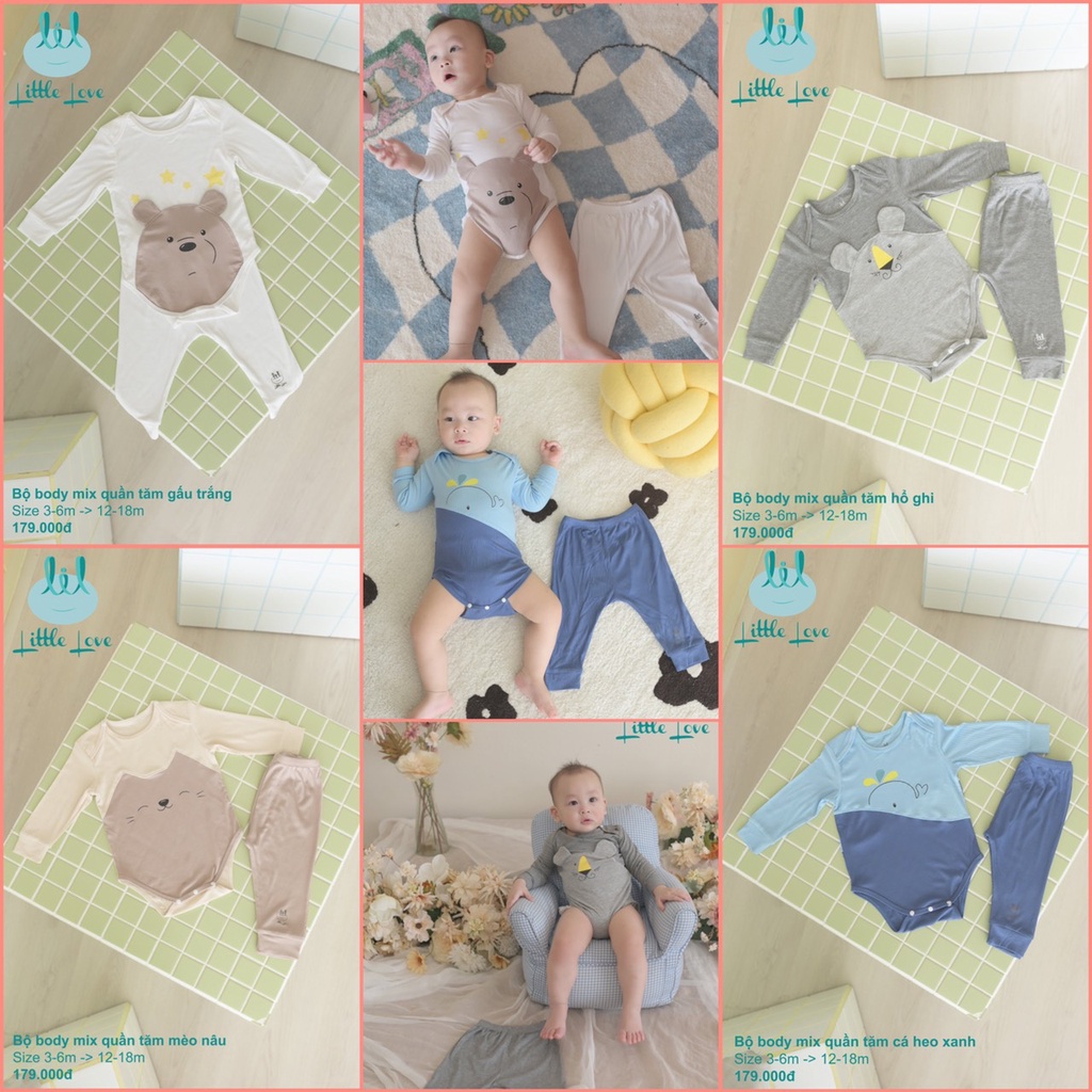 [3-18M]Set bộ body mix quần tăm Lil Little Love dành cho bé trai bé gái dễ thương
