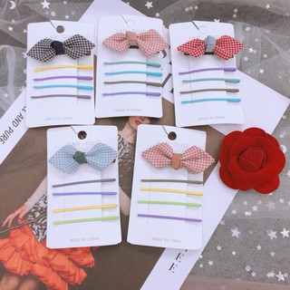 set kẹp tóc mái nơ caro