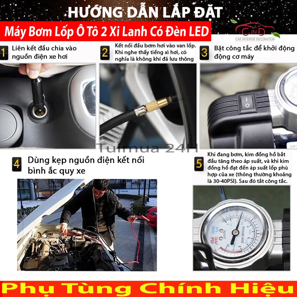 Máy Bơm Lốp Ô Tô 2 Xi Lanh Có Đèn LED