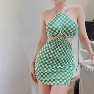 Đầm body yếm khoét eo hở lưng caro ô xinh LY55