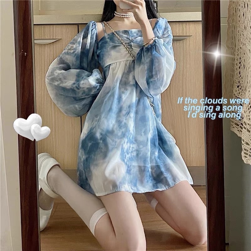 🎀  V10  Váy 2 dây | Trễ vai siu xinh siu hot màu loang 2021 ulzzang COÁ ẢNH THẬT
