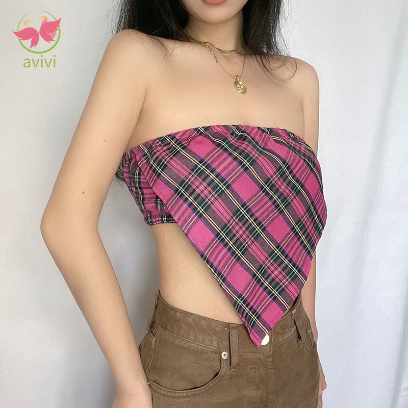 One-Line Collar Crop Tube Women's Slim Backless Fashion Plaid Spring and Summer Women's Clothing