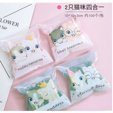 Set 10, 20, 50 túi kiếng đựng bánh cookie, quà tặng cặp đôi mèo 10 x 10 cm