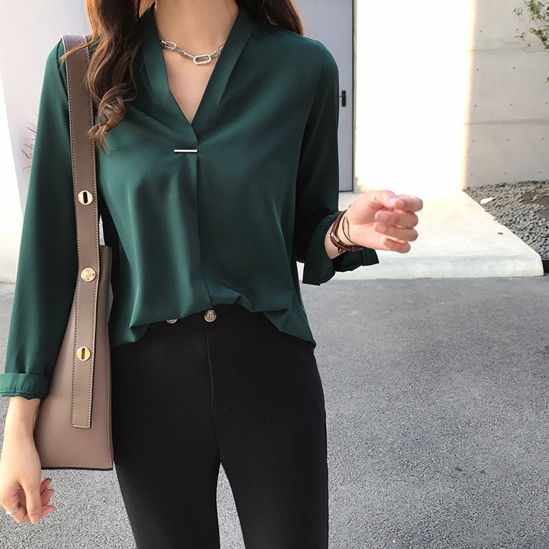 Áo Sơ Mi Voan Tay Dài Cổ Chữ V Màu Trơn Thanh Lịch Cho Nữ