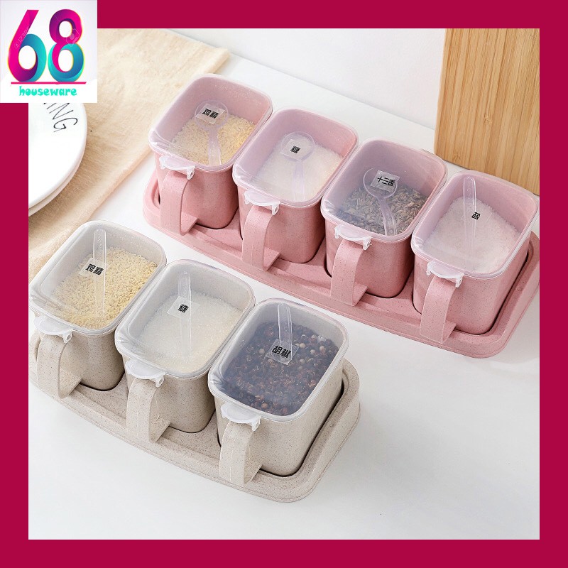Khay 3-4 hũ/ hộp đựng gia vị bằng lúa mạch