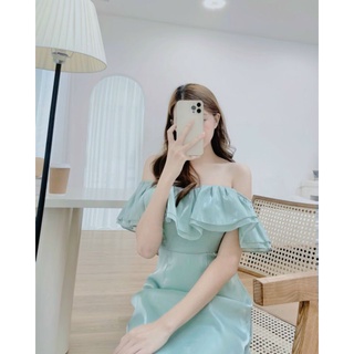 Đầm trễ vai xanh mint [Kèm ảnh cận chất]