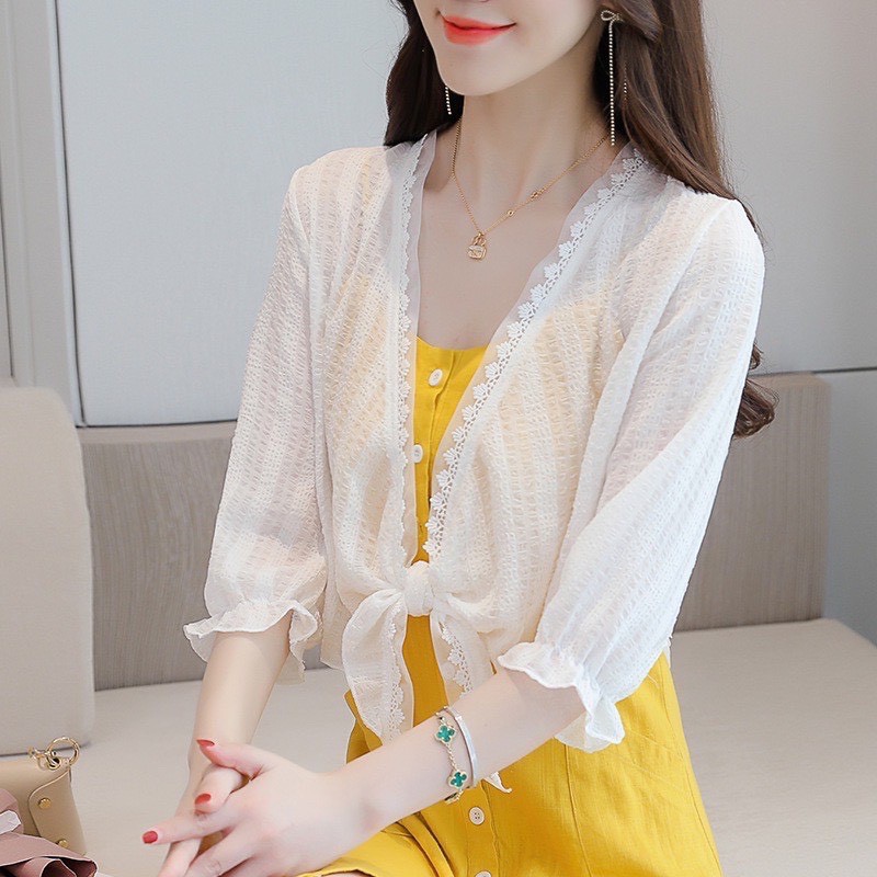Áo khoác ngoài mỏng nhẹ thắt nơ dáng ngắn in vân hoa xinh xắn - Mã 026