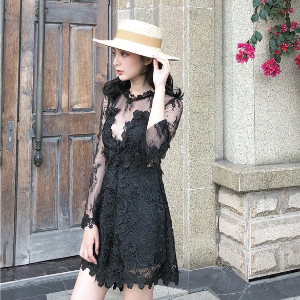 Đầm ren nữ dáng xòe tay dài Emilyshop