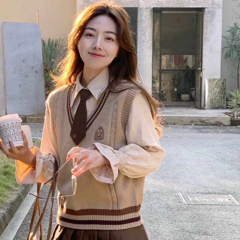 Áo gile len nữ màu nâu học sinh hàn quốc đi học - 068