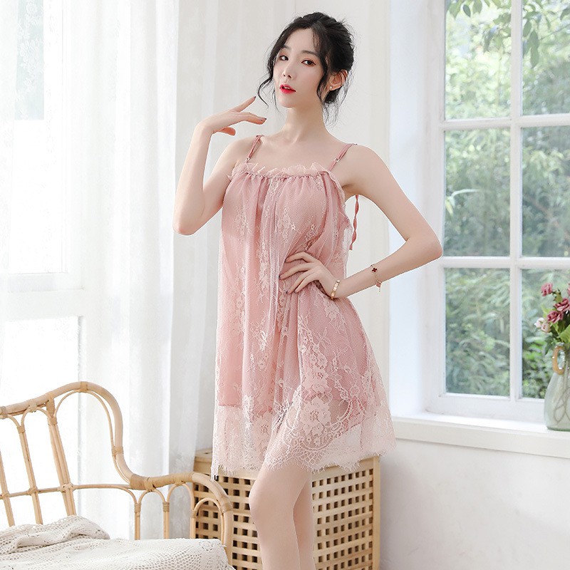 Váy ngủ thời trang MIDORI Đầm ngủ phối ren mặc nhà chất liệu ren voan chống nhăn cổ chữ U cao cấp Freesize KL02