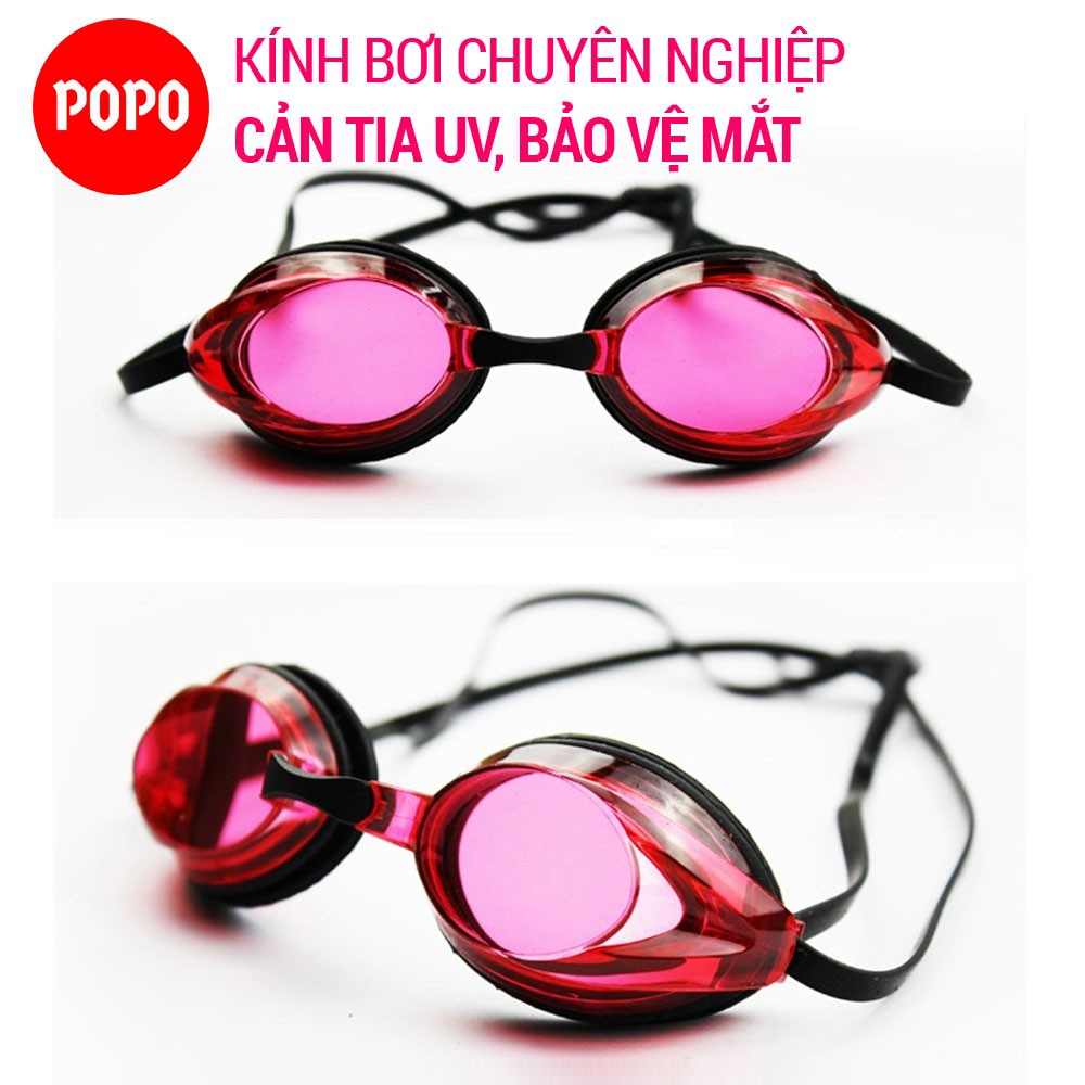 Kính bơi thi đấu kèm mũ bơi, bịt tai kẹp mũi POPO 1154 mắt trong cho người lớn chống tia UV