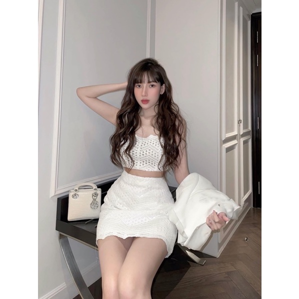 SET ÁO KHOÁC VEST CROPTOP + ÁO HAI DÂY REN + CHÂN VÁY NHIỀU MÀU