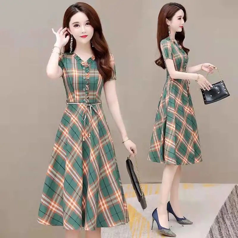 Đầm Ngắn Tay Ôm Eo Họa Tiết Sọc Caro Phong Cách Hàn Quốc Thời Trang Cho Nữ