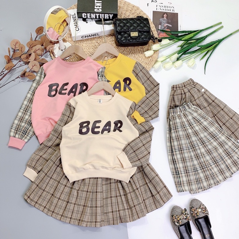 Set học sinh áo nỉ da cá + chân váy kẻ size đại cho bé 20-35kg