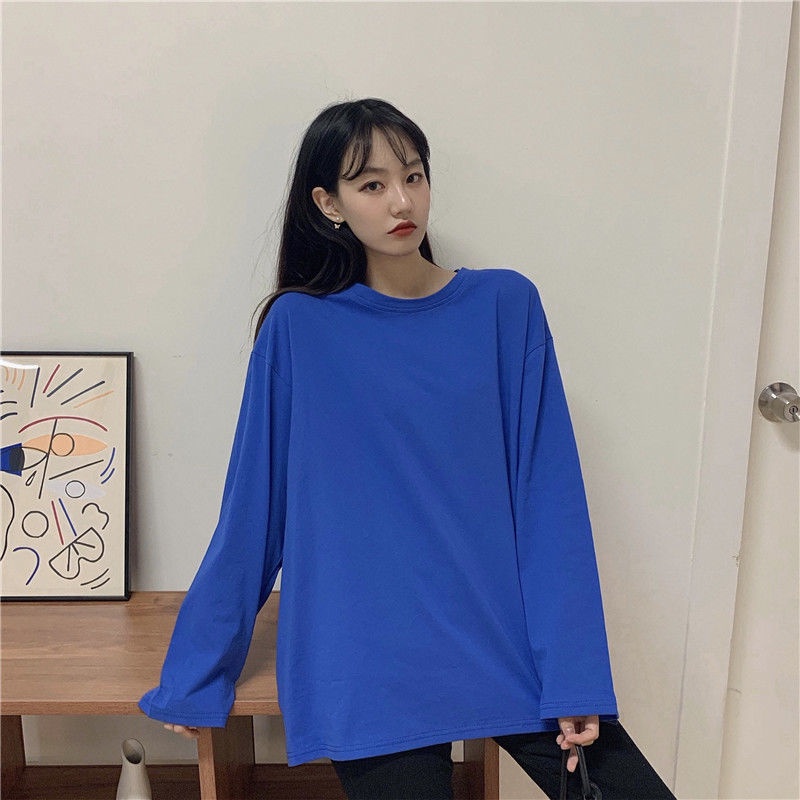 Áo Thun Cotton Tay Dài Dáng Rộng Màu Trơn Phong Cách Hàn Quốc Thời Trang Mới 2022 Cho Nữ Size S-7xl