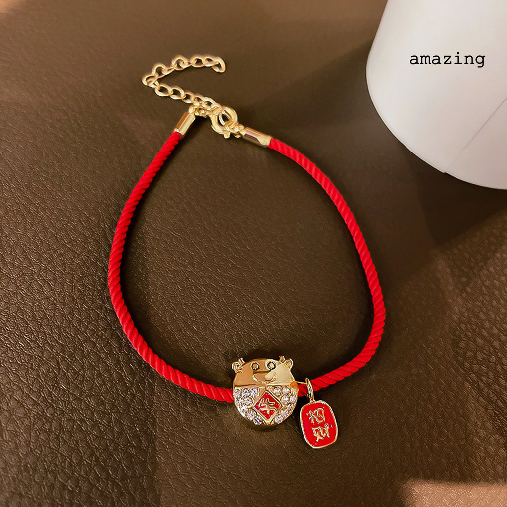 [AM] Braided Bracelet Chinese Zodiac Lucky Symbol Alloy Adjustable Charm Ox Bangle for Spring Festival