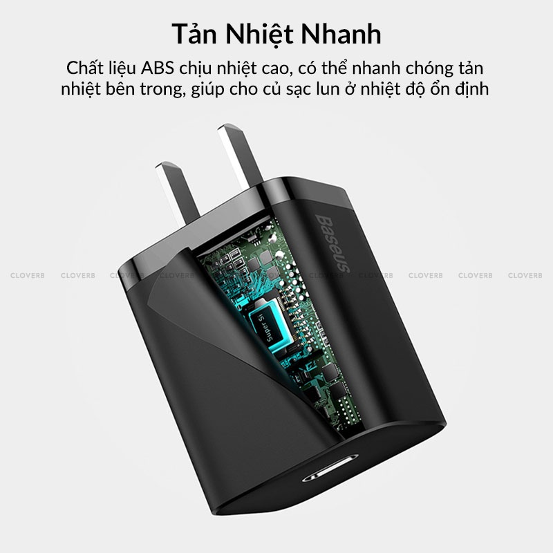 Baseus - Bộ Sạc Nhanh 20w Super Si Cho iP8 Đến iP14, Thiết Kế Nhỏ Gọn, Chip Sạc Thông Minh, Kèm Cáp Sạc C to iP, Dài 1m