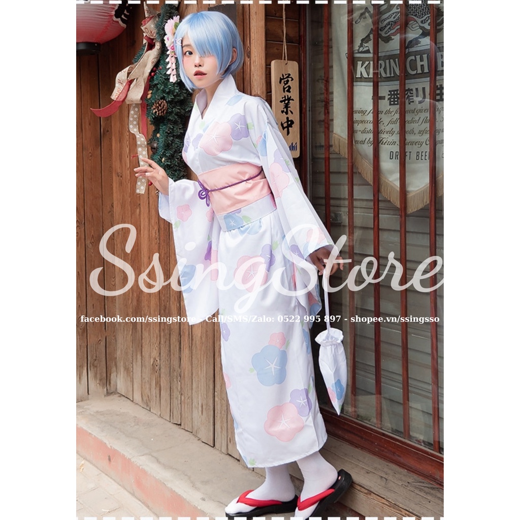 SSINGSTORE Set COSPLAY nhân vật Ram Rem trong anime Re Zero ver Kimono hoa anh đào Nhật Bản đáng yêu