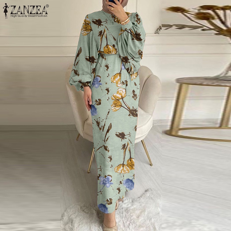 Đầm maxi Zanzea tay dài in họa tiết phong cách retro thời trang cho nữ