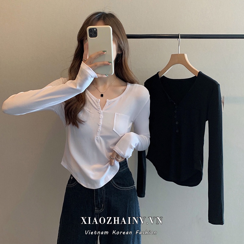 Xiaozhainv Áo Croptop Tay Dài Cổ Chữ V Dáng Ôm Thời Trang Hàn Quốc Cho Nữ