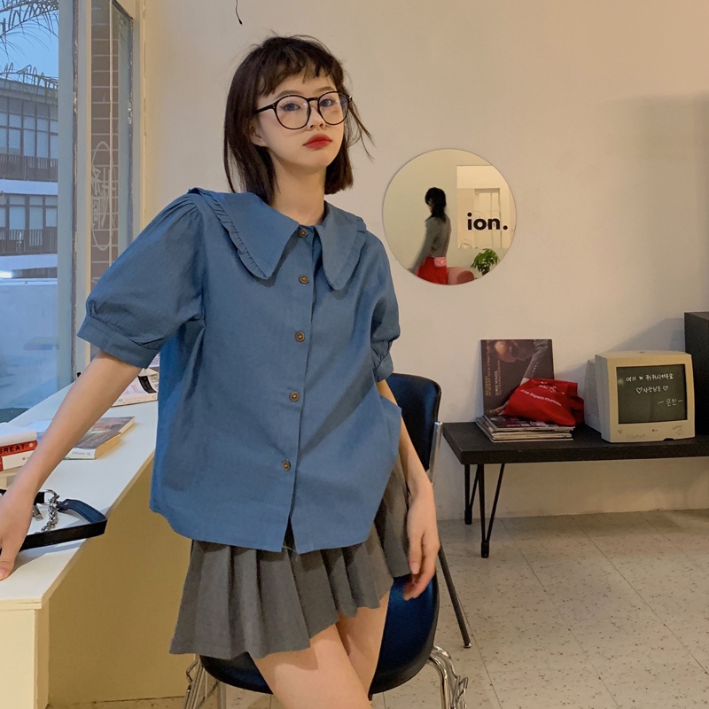 Áo sơ mi SUXI tay ngắn cổ búp bê màu trơn đơn giản dễ phối đồ thời trang mùa hè cho nữ