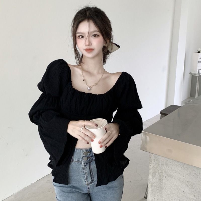 Áo Kiểu Pháp Cổ Vuông Tay Dài Loe Xếp Ly Thời Trang Mùa Thu Hàng Mới 2023