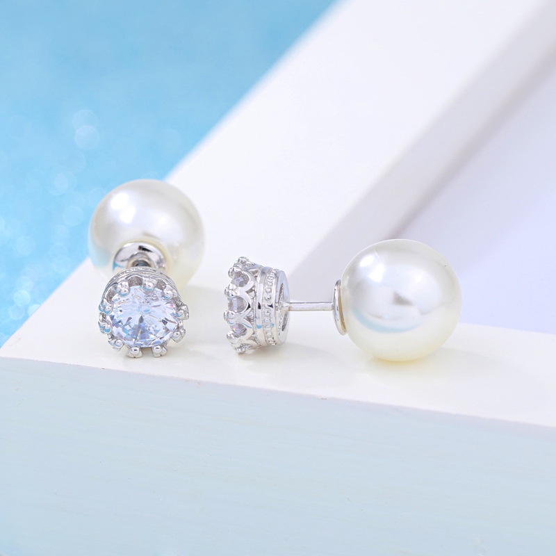 Khuyên tai chốt bạc 925 khảm hạt ngọc trai và đá quý hai mặt hình vương miện thanh lịch thời trang cho phái nữ