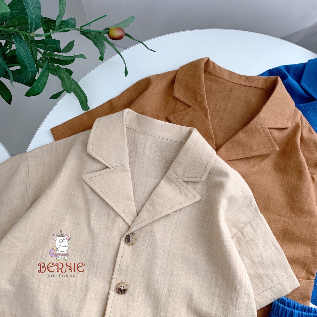 Bộ sơ mi vải đũi có cổ cho bé trai, set bộ cổ vest sành điệu cá tính