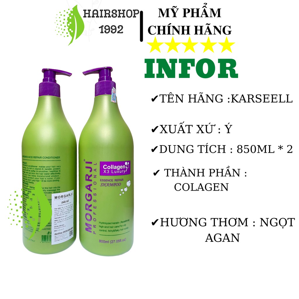 Cặp Dầu Gội Xả Colagen Phục Hồi Tóc Hư Tổn Siêu Mượt Hương Thơm Hoa Quả , Dầu Gội COLAGEN*3 MORGARJI 800ML*2