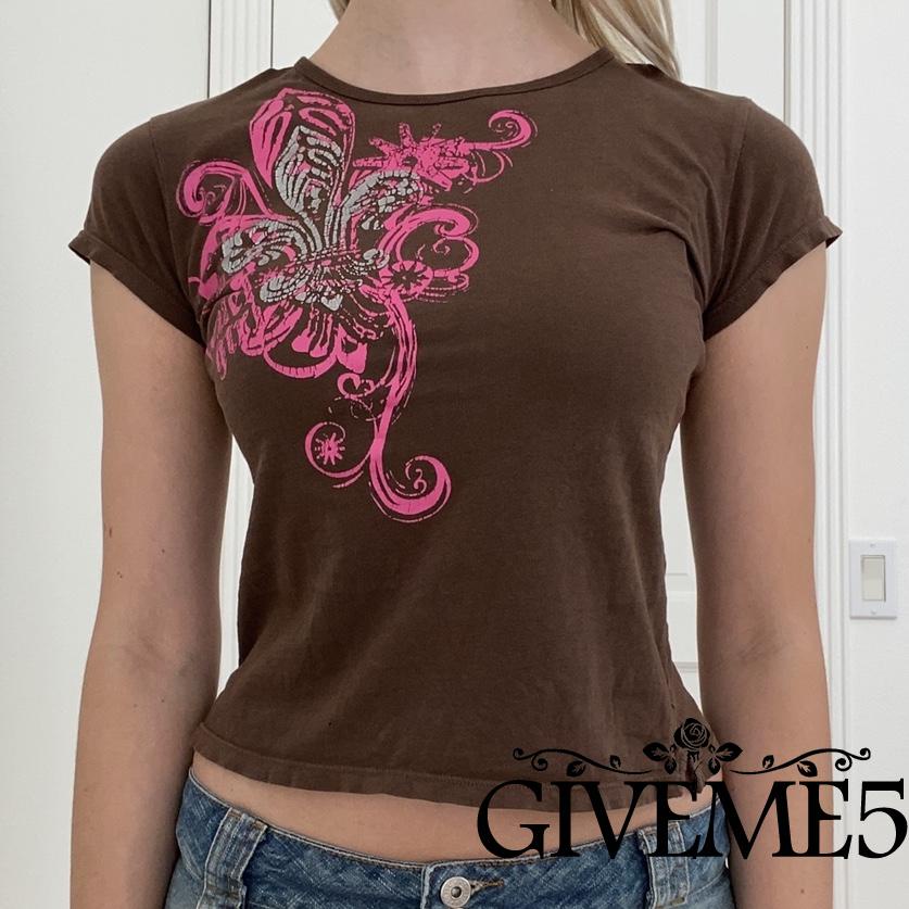 GIVEME-Women’s Casual Short Sleeve T-shirt Vintage Printing Round Neck Exposed Navel Slim Fit Tops