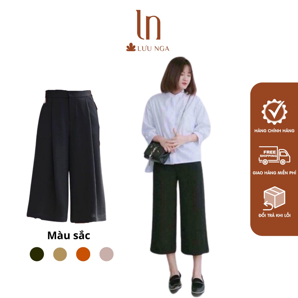 Quần ống rộng lửng cạp cao tôn dáng, Quần ngố suông nữ cạp chun sau chất đũi mềm cao cấp loại 1