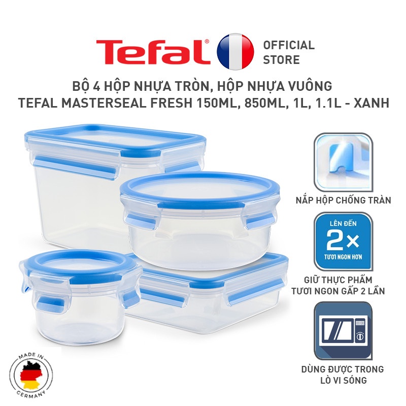 [LIFEMC11BPC -8% đơn 350K] Bộ 4 hộp nhựa tròn, hộp nhựa vuông Tefal Masterseal Fresh 150ml, 850ml, 1L, 1.1L