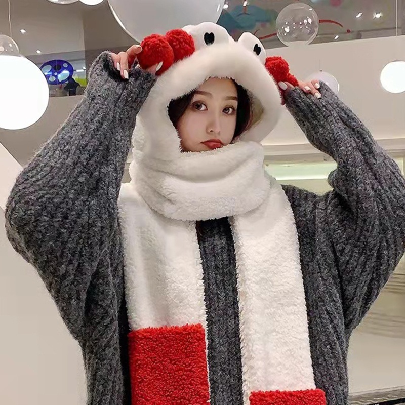 Mũ trùm đầu kiêm khăn choàng cổ 3 trong 1 thiết kế tai thỏ giữ ấm mùa đông cho nữ