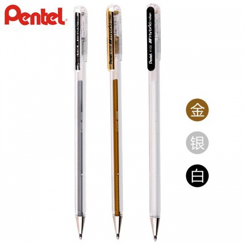 Bút Nhũ Pentel K108 Hybrid Roller | Màu Nhũ Tươi Sáng Nhanh Khô Không Lem Nhòe | Ngòi 0.8mm 3 Màu Mực (vàng, bạc, trắng)