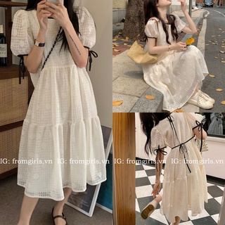 Đầm babydoll dáng dài, váy babydoll hoa nổi hai lớp tay phồng - V84