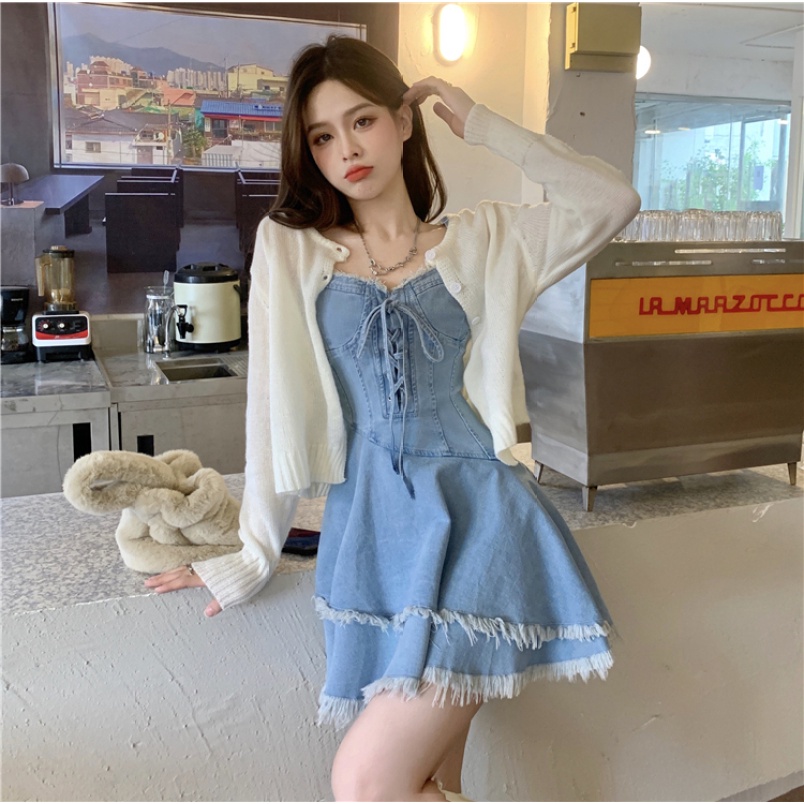 Chân Váy Denim Thiết Kế Cột Dây Phong Cách Retro Hợp Thời Trang