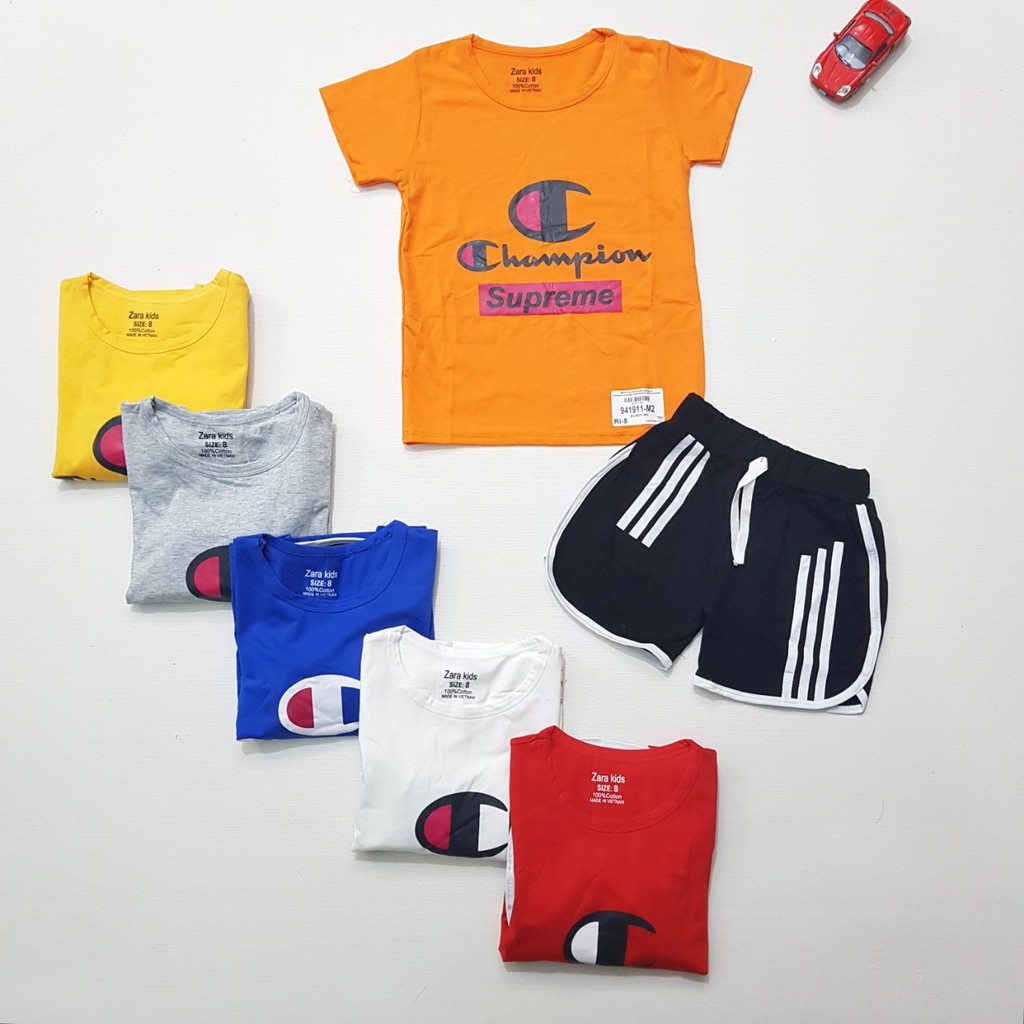 941911-M- Bộ BT cotton,cộc tay in champion,vàng,Made in VietNam,size nhỡ 8-12/ri5,(combo 5 sản phẩm từ nhỏ đến lớn)
