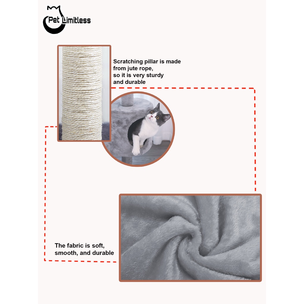 Cattree MIAO nhà cây cho mèo 4 tầng có nhà kết hợp trụ cào móng, nhiều đệm nằm êm ái xinh xắn 3 màu xám-kem-nâu CT00010