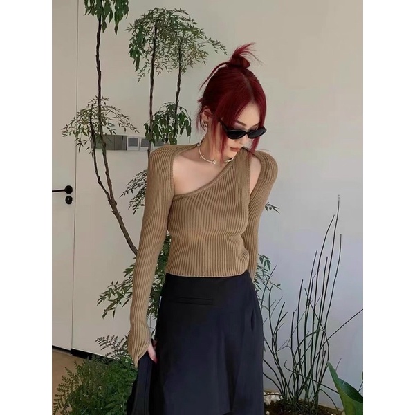 Set áo len nữ gồm choàng ngắn mix áo lệch vai hàng QC mẫu mới 2022