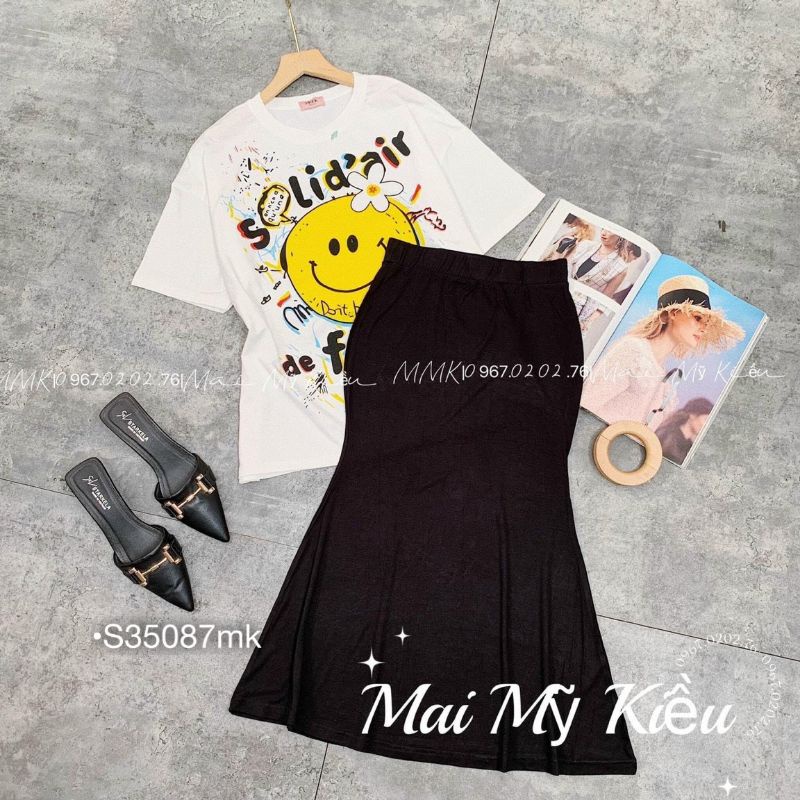 Set Váy Maxi Nữ, Set Áo thun họa tiết Mặt cười Chân váy đuôi cá dáng dài, Thun cotton co dãn (đồ bộ giá rẻ)