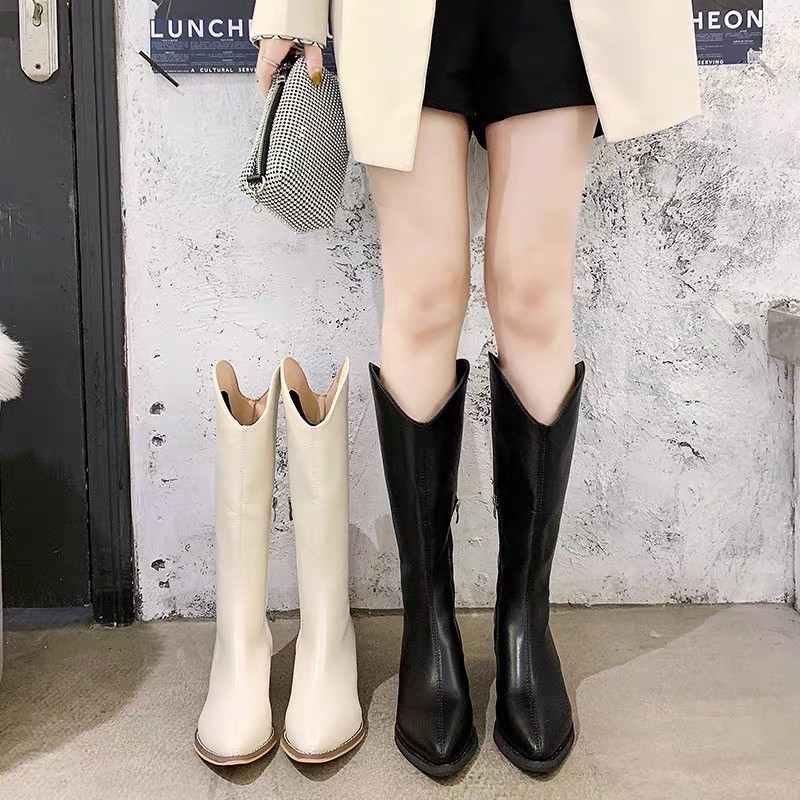 BOOT GỐI MŨI VUÔNG ĐEN KEM 270 / BOOT ĐÙI QC DA MỀM MẪU MỚI