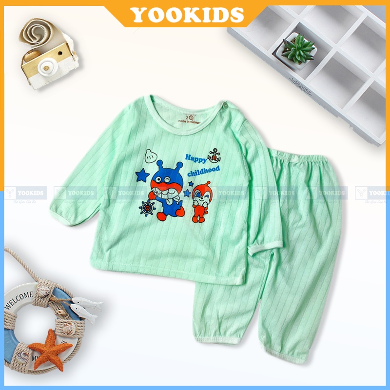 Bộ dài tay cho bé chất cotton sơi tre có cúc cài vai YOOKIDS, Bộ dài tay bé trai bé gái nằm điều hòa 1 2 3 4 5 tuổi