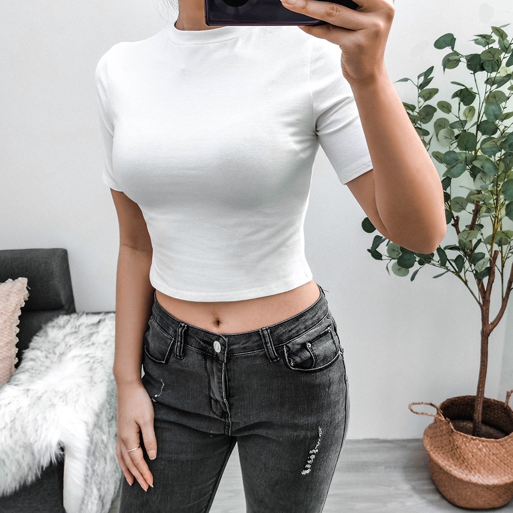 Áo croptop bằng cotton tay ngắn đơn giản thời trang dành cho nữ | BigBuy360 - bigbuy360.vn