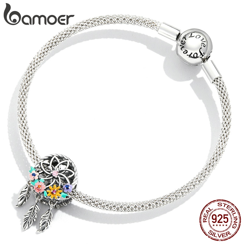 Hạt Bamoer BSC589 bạc 925 hình lưới giấc mơ đính hoa/lông vũ dùng làm vòng tay thời trang