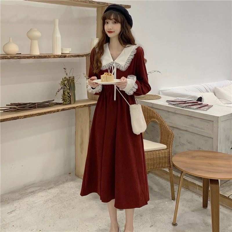 Đầm Giáng Sinh Màu Đỏ Tay Dài Ôm Eo Phong Cách Hepburn Plus Size