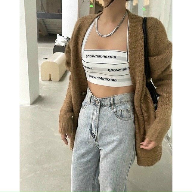Áo kiểu 2 dây chéo lưng croptop in chữ a lec cực hot , chất thun dày dặn giãn